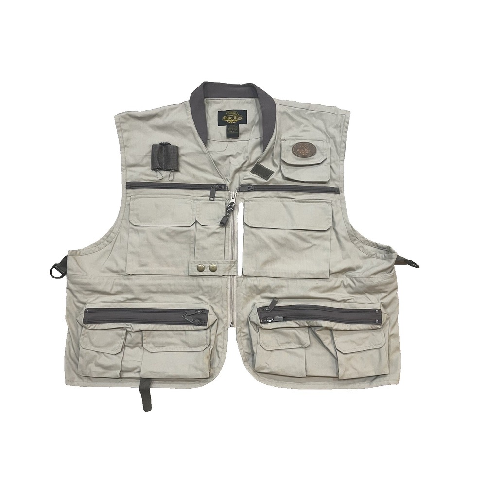 Vtg‎ White River Fly Shop WRFS  Fishing Vest Tan Khaki 24 Pockets Zip Sz  XL